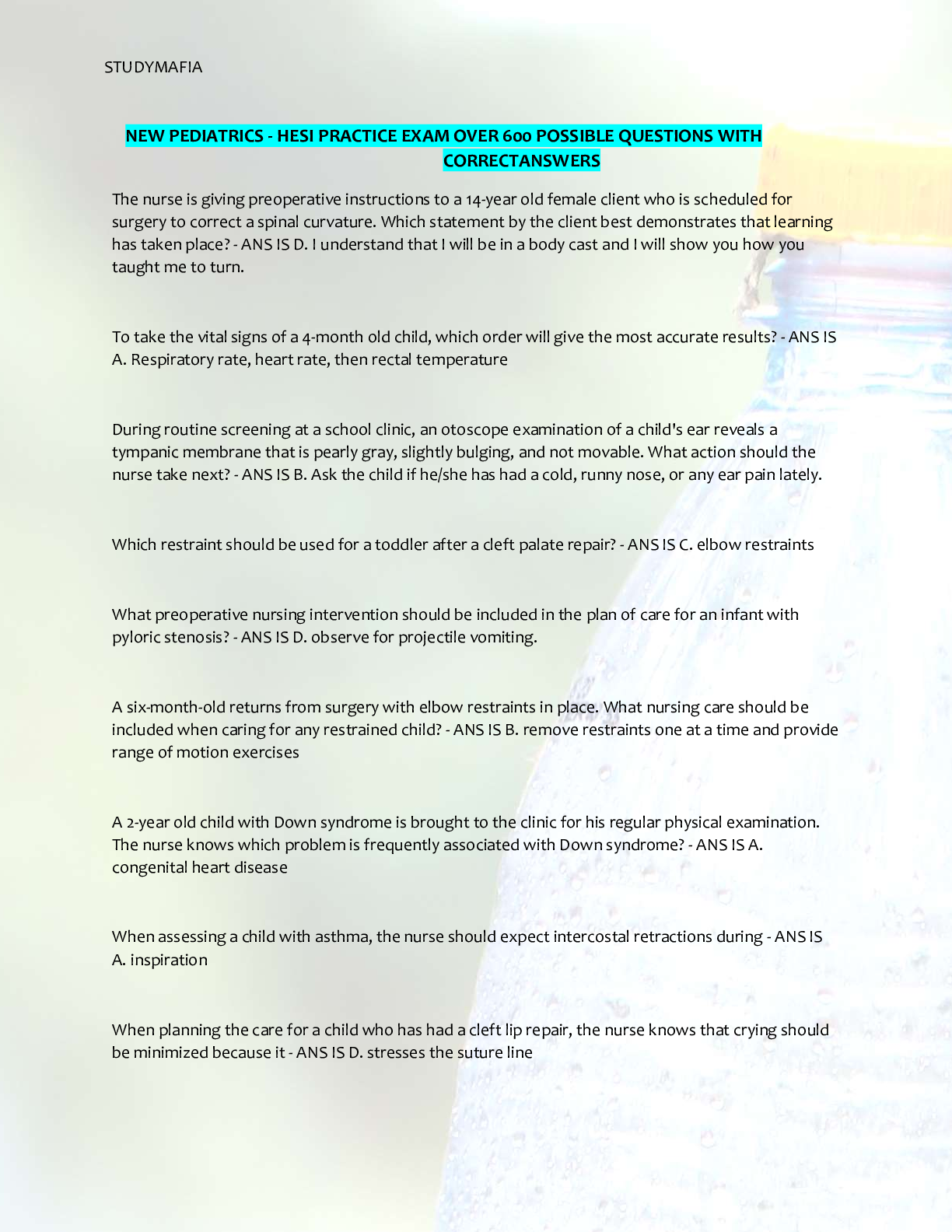 Preview image for NEW PEDIATRICS - HESI PRACTICE EXAM OVER 600 POSSIBLE QUESTIONS WITH CORRECTANSWERS